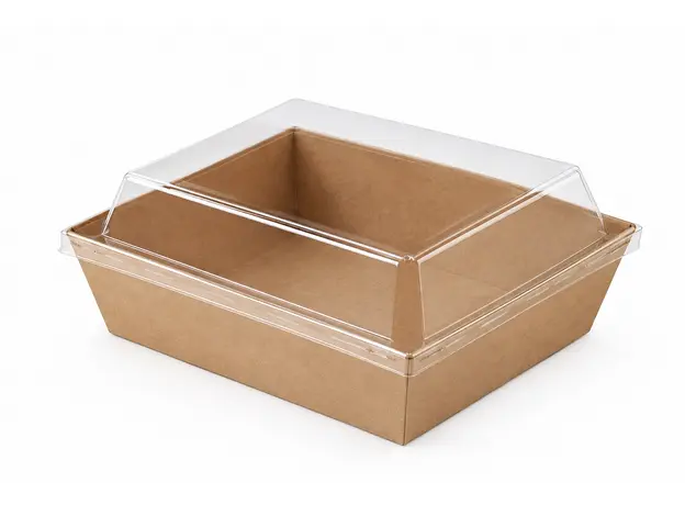 Σκεύος φαγητού-δισκάκι Kraft No4 13x11x3,5cm + Καπάκι Pet 50τμχ - Κουτιά Φαγητού στην Ecocraft