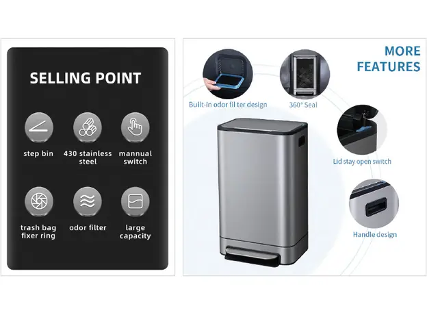 Stainless Steel Pedal Bin 40L with inner bin - Toiler Trash Can and Toilet Brush  στην Ecocraft