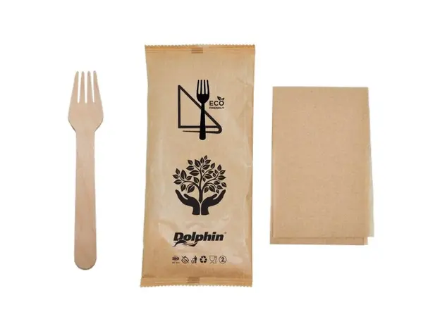 Ξύλινο Κουβέρ Πιρούνι Με Craft Χαρτοπετσέτα Σε Craft Φάκελο 100τμχ - Οικολογικά μαχαιροπίρουνα - κουβέρ στην Ecocraft