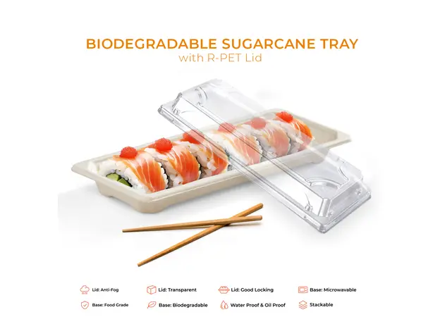 Βιοδιασπώμενο σκεύος για Sushi Νο6 από ζαχαροκάλαμο με RPET καπάκι 50τμχ - Βιοδιασπώμενα σκεύη από Ζαχαροκάλαμο στην Ecocraft