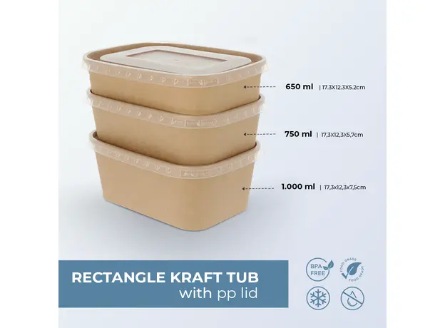 Σκεύος φαγητού Kraft Παραλληλόγραμμο 650ml - 50τμχ - Σκεύη Φαγητού - Σαλάτας στην Ecocraft